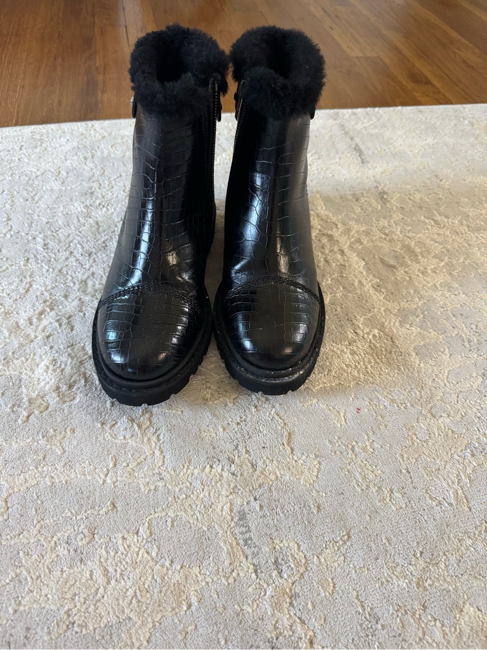 Black Croc-Embossed Faux Fur Ankle Boots with built in heater